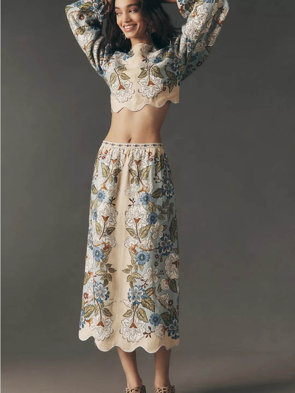 FARM Rio Cream Garden Scarf Euroflax™ Premium Linen Midi Skirt Size Medium NWT - Picture 1 of 16